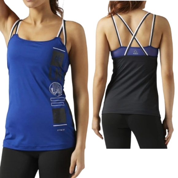 🔴SOLD🔴 Reebok Activchill Fitness Tank Top Black Blue Print Gym Yoga Workout - Picture 1 of 16